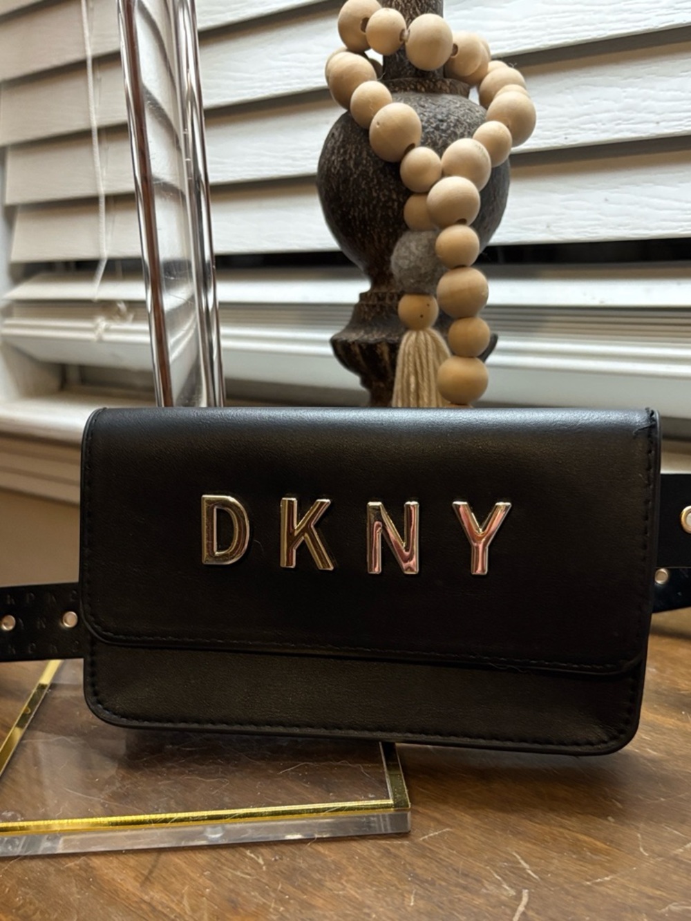 DKNY Black Faux Leather Logo Belt Bag with Gold Hardware